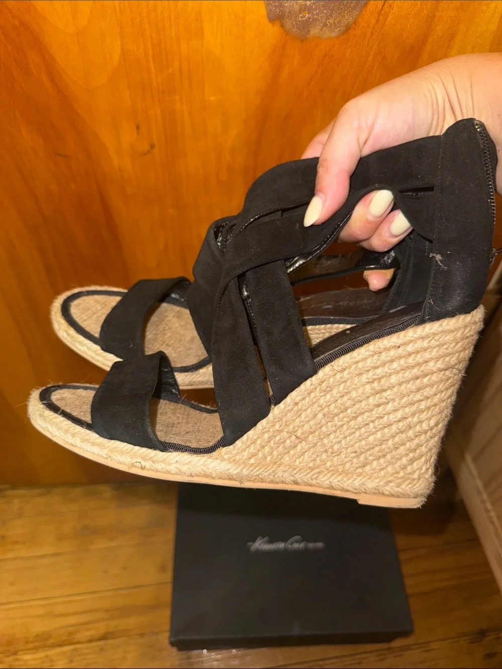 Kenneth Cole Black Suede Espadrille Wedge Sandals
